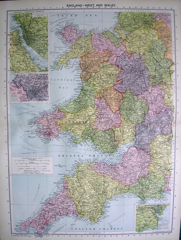 1934 MAPA GRANDE ~ INGLANDIA OESTE Y WALES INSERTOS LIVERPOOL Y BIRKENHEAD + BRISTOL Foto 1 de 1