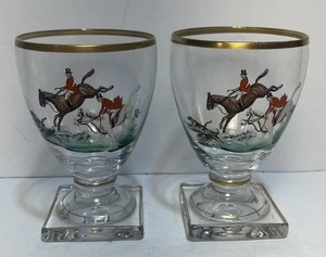 Raro set 2 bicchieri calici dipinti a mano scena caccia volpe cavallo inglese anni 30 - Foto 1 di 4
