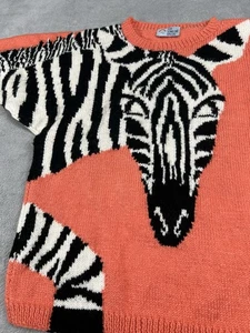 Vintage Sweater Womens M Handknit Zebra Wraparound Knit Chunky Wool 70s Rare - Picture 1 of 9