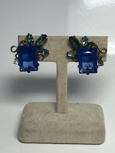 Vintage Tschechoslowakei Glas Strass Ohrringe blau und grün 30er Jahre Schraubverschluss - Bild 1 von 6
