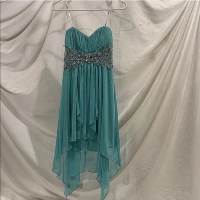 Strapless Teal Chiffon Dress with Embellished Waist and High-Low Hem - Image 1 of 4
