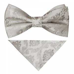 Pre Tied Silver Paisley Boys Bow Tie and Pocket Square Set Childrens Wedding Tie - Picture 1 of 4
