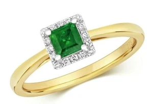 Echter Smaragd und Diamant Ring 9ct Gelbgold Quadratisch Traube Verlobung - Bild 1 von 5