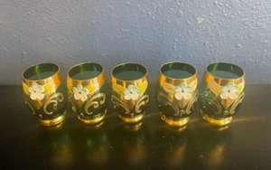 Vintage 1960's Vimax-Murano Glass-Green Cordial Glasses -Hand painted (5) - Picture 1 of 5