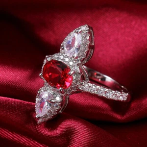 Lab Created Oval Cut Red Ruby Anniversary Hand Crafted Ring 14K White Gold Over - Picture 1 of 9