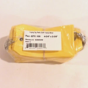 100 ct 4 3/4" x 2 3/8" Plastic Shipping Tags Pre-Wired Yellow G26052W NEW - Picture 1 of 6