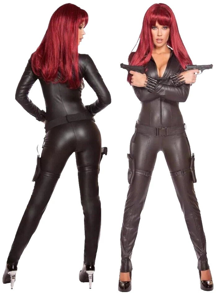 New Roma Assassin Black Faux Leather Catsuit Jumpsuit Costume Set + Guns Medium - Image 1 of 4