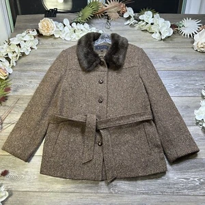 Tweed Coat Faux Fur Collar Size Large Womens Brown Giacca Belted Gorgeous Wool - Picture 1 of 21