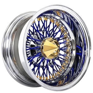14x7" LA Wire Wheels Reverse 72-Spoke Cross Lace Blue Spoke/Gold Plating/Chrome - Picture 1 of 10