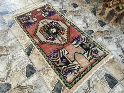 1980s Small Turkish Vintage Handmade Geometric Tribal Anatolian Rug 1.7x3.3 ft - Image 1 of 4