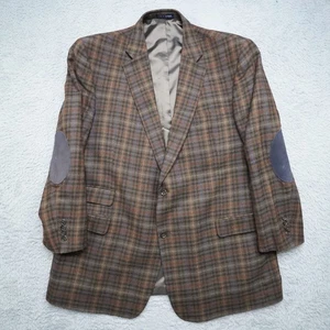 Abrigo deportivo Paul Fredrick para hombre 48L marrón a cuadros lana pecho único cuero Blazer - Imagen 1 de 14