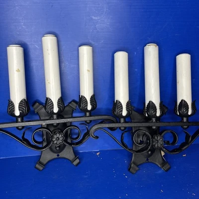 Antique vintage brass black triple Candlestick light lamp sconce pair Victorian - Image 1 of 4