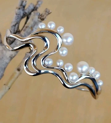 Brazalete ondulado de perlas de plata 925 chapado en rodio firmado - se adapta a 7,5" - 24,8 g Foto 1 de 4