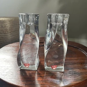 Vintage Signed ORREFORS Twisted 5 1/4" Tall Crystal Heavy Candlesticks - Picture 1 of 9