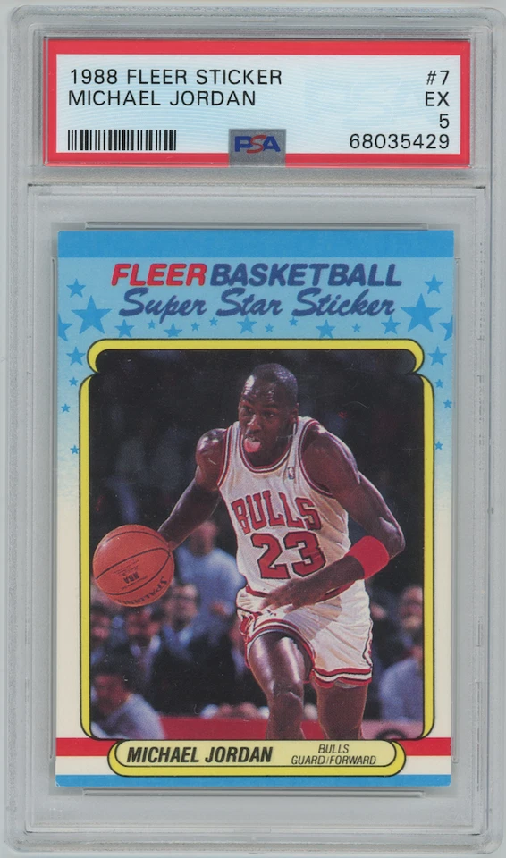 迈克尔·乔丹 1988 Fleer 贴纸迈克尔·乔丹 #7 PSA 5 芝加哥公牛队 31375 — 第 1/3 张图片
