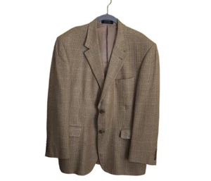 Andrew Fezza 100% Spun Silk Beige Blue Plaid Blazer Size 42R - Picture 1 of 7
