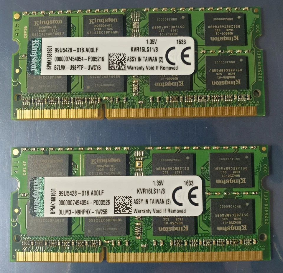 Kingston 16GB 2X8GB DDR3 2RX8 1600MHz PC3L-12800S 204pin Laptop Memory RAM - Image 1 of 1