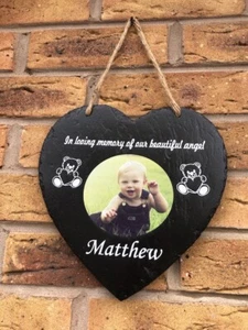 Personalised Colour Photo Child Memorial Hanging Heart Slate Grave Plaque Sign - Picture 1 of 3