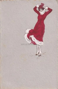 MODA - Donna in vestito rosso - Disegno colorato a mano 1910 circa - Picture 1 of 2
