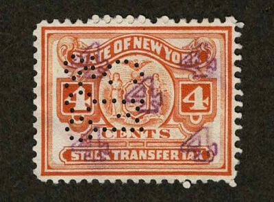 New York Revenue Stock Transfer Tax 4c Perfin (CM/&co) Carlisle Mellick Co 1922 - Image 1 of 3