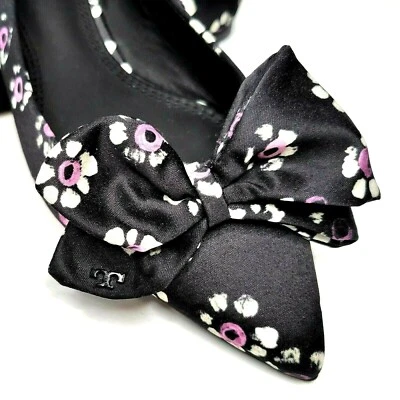 Tory Burch Balé Ponta Plana Floral Preto Rosa Cetim Rosalind Feminino 5.5 Novo sem etiquetas - Imagem 1 de 4