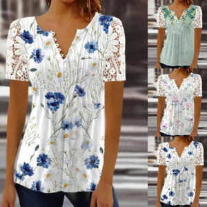 Womens Lace V-Neck Tops T-Shirts Ladies Short Sleeve Casual Blouse Tee Plus Size - Picture 1 of 9