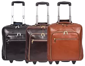Premium Leather Pilot Case Wheeled Briefcase Carry-on Business Travel Laptop Bag - Picture 1 of 28