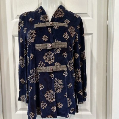 Vintage Arise Velour Asian Style Jacket Tang Hanfu Unique Closure Women's M Blue - Image 1 of 4
