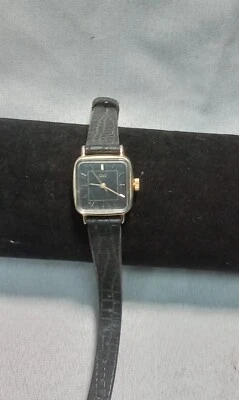 Q & Q woman’s Square watch Art  Deco Black Vintage Leather Buckle Strap - image 1 of 4