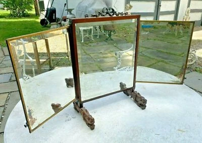 Antique Oriental Influenced Mahogany Vanity Dresser Mirror Figural Dragon Feet - Image 1 of 4