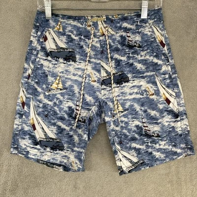 J Crew Swim Trunks Small Blue Sailboat Print Drawstring Pockets Mesh Lined BL013 - Image 1 of 4