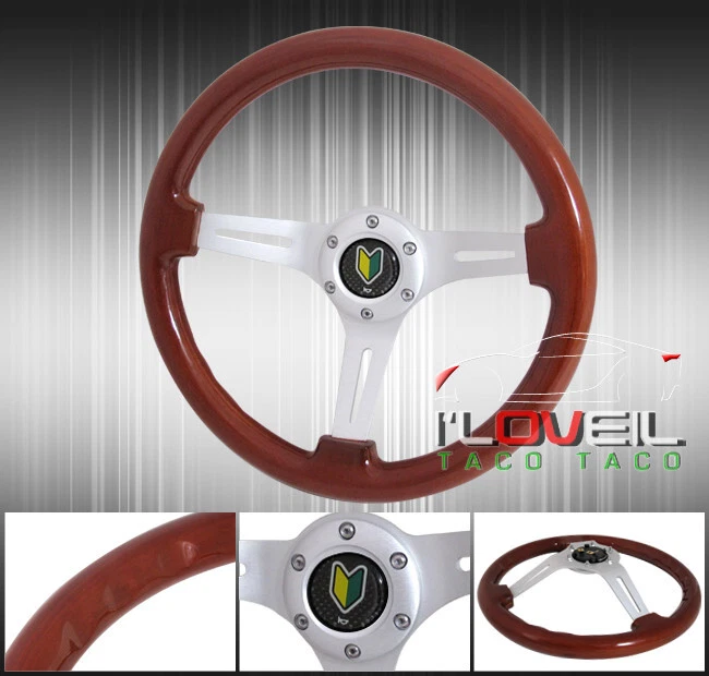345mm Light Wood Grain Chrome 3 Spokes Steering Wheel + Jdm Green Yellow Button - Изображение 1 из 1