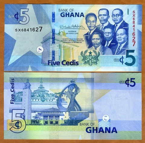 Ghana, 5 Cedis, 2019, P-New, UNC Upgraded security features Cover