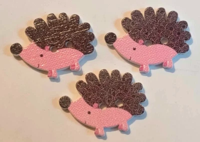 3 Pink Hedgehog Sewing Buttons Crafting Wood 2 Hole 1"  - Image 1 of 2
