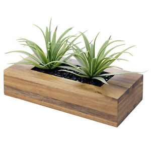 10 Inch Brown Wood Planter Pot w/ Artificial Green Grass Plants, Plant Container