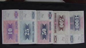 Bosnia & Herzegovina,  five banknotes: 10;25;50;500;1000 Dinara 1992. UNC - Picture 1 of 2
