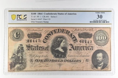 1864 $100 Confederate States Of America T-65 PF-1 CR-493 Very Fine 30 PCGS *4385 - Image 1 of 3