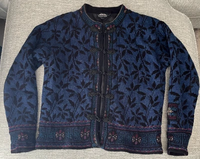 ICELANDIC DESIGN SZ SMALL WOOL/COTTON CARDIGAN BLUE WITH FLORAL LEAVES BUTTON UP - Image 1 of 4