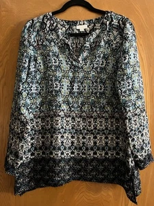 Blusa túnica J Jill azul verde azulado cachemir estampado en bordes cuello dividido talla pequeña - Imagen 1 de 11