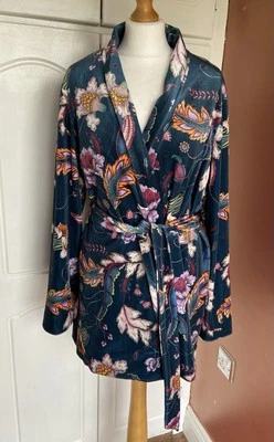 Monsoon Rosie Velvet Kimono M/L Jacket Tie Blue Green Teal Floral Paisley Boho - Image 1 of 4