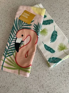 SUMMER Flamingo And Palms KITCHEN TOWELS 2 Pc Set NWT - Picture 1 of 5
