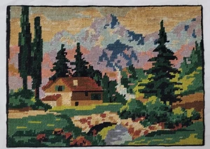 Royal Paris Country Cottage House Trees 12" x 8 3/4" Completed Needlepoint - Picture 1 of 13