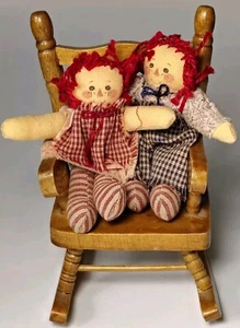Raggedy Ann & Andy Cloth Dolls Wooden Rocker Decor Vintage Patriotic 6" Unique - Picture 1 of 12