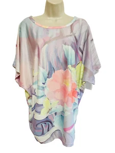 LOVEU.DEAR tunic top L multi color pastel floral short dolman sleeve ruched side - Picture 1 of 9