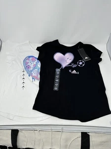 Two adidas Girls Short Sleeve Essential Graphic T-Shirts 2 Cotton tops Small NWT - Picture 1 of 8