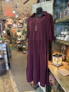 Umgee Dress Tiered Wine Midi Short Sleeve Collar Pretty Plus NWT Size: XL - Picture 1 of 1