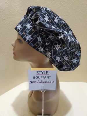 Snowflakes (Black and Gold) Winter NC Bouffant Women's Surgical Scrub Hat/Cap - Image 1 of 4
