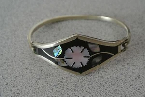 Vintage Mexico Silver? Diamond Shape MOP Flower Bangle Bracelet 6.5" - Picture 1 of 7