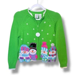 Tiara International Green Christmas Sweater Full Zipper & Beaded Snowmen Sz 8/10 - Picture 1 of 7
