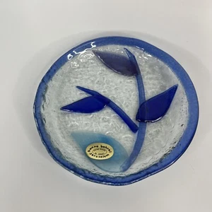 Judaic Israel Fused Art Glass 7" Plate / Bowl by Hannah Bahral- Blue Flower Art - Picture 1 of 5